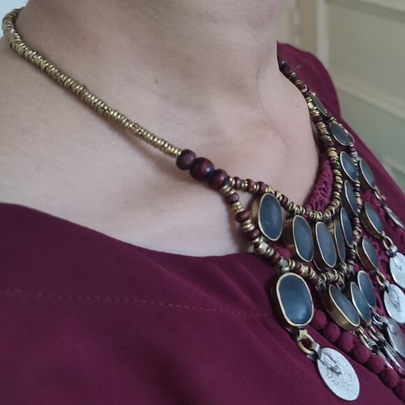 Vintage Dangle Coins and Stones Necklace, Ethnic Necklace, Tribal Bib Necklace - Picture 5 of 10